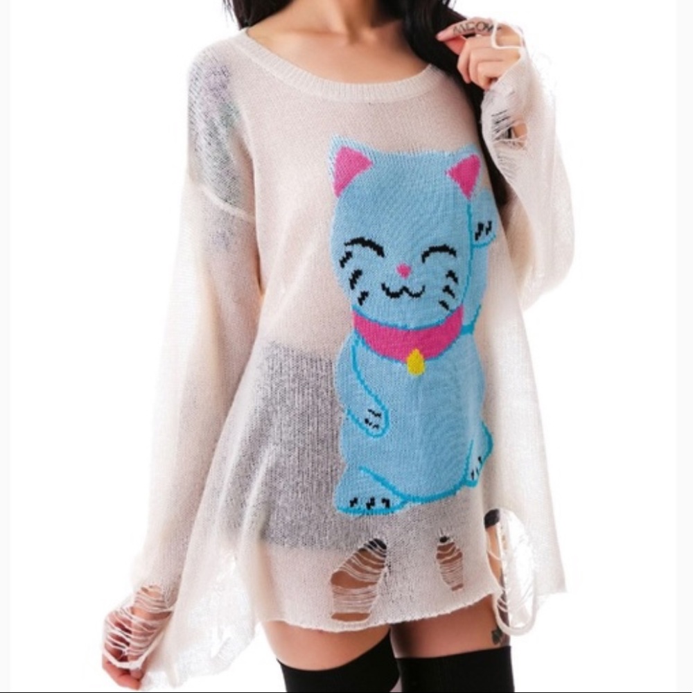 NWT Wildfox White Label Lucky Cat 🐱 Sweater Medium